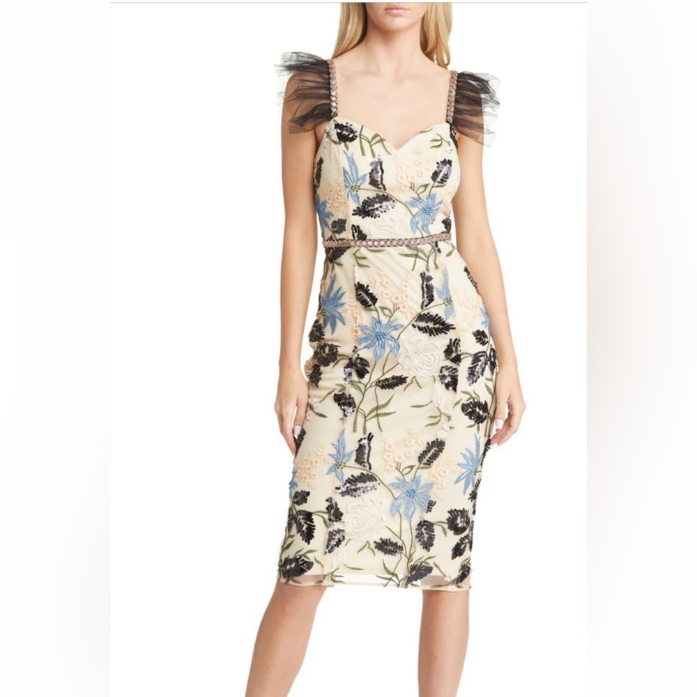 Lulu's Cream Floral Showstopper Dress with Black and Blue Accents - Picture 5 of 9